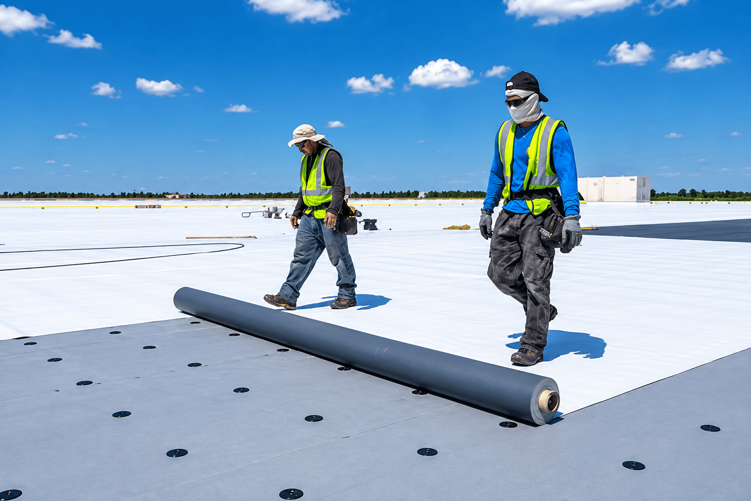 Ekip i Feniks Group duke instaluar membranë PVC për hidroizolim tarrace